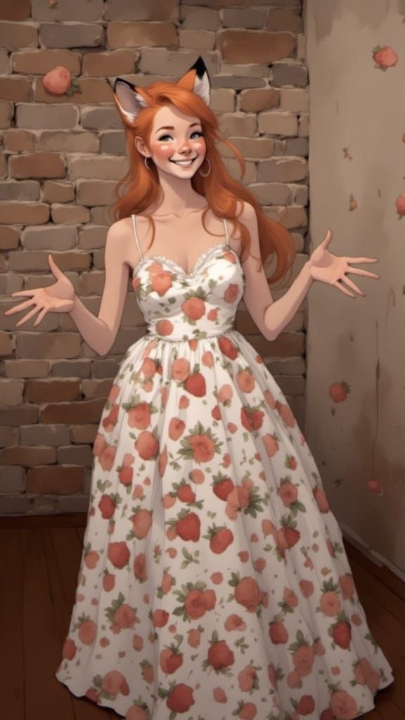 Fox-girl Vixen wearing a strawberry pattern sundress.