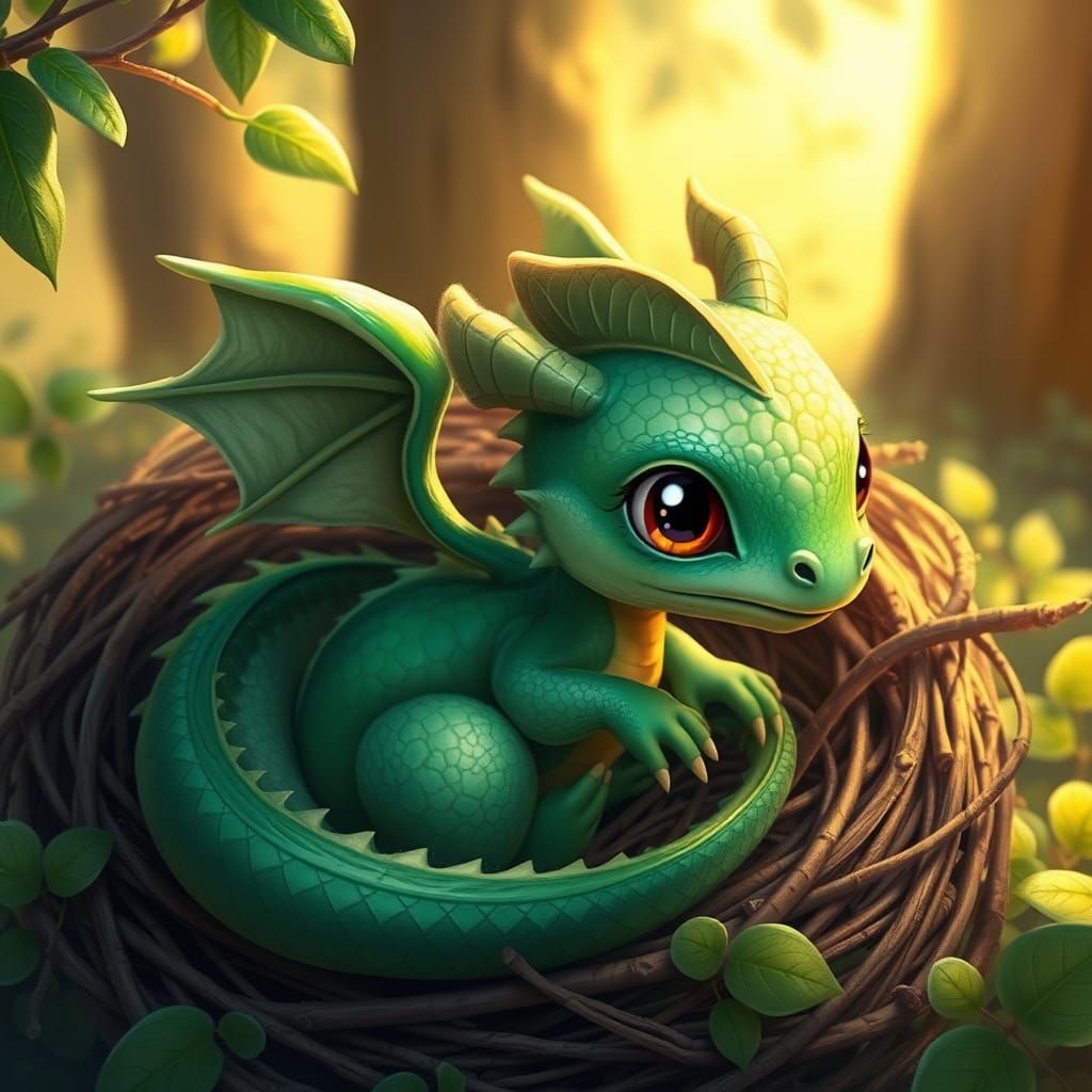Whimsical Green Baby Dragon in Fantasy Art Style