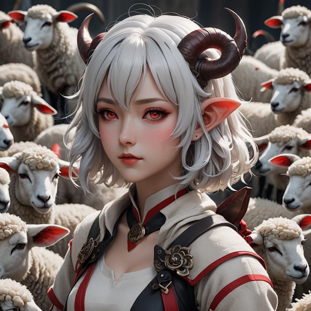Anime Style Sheep-Girl with Red Horns