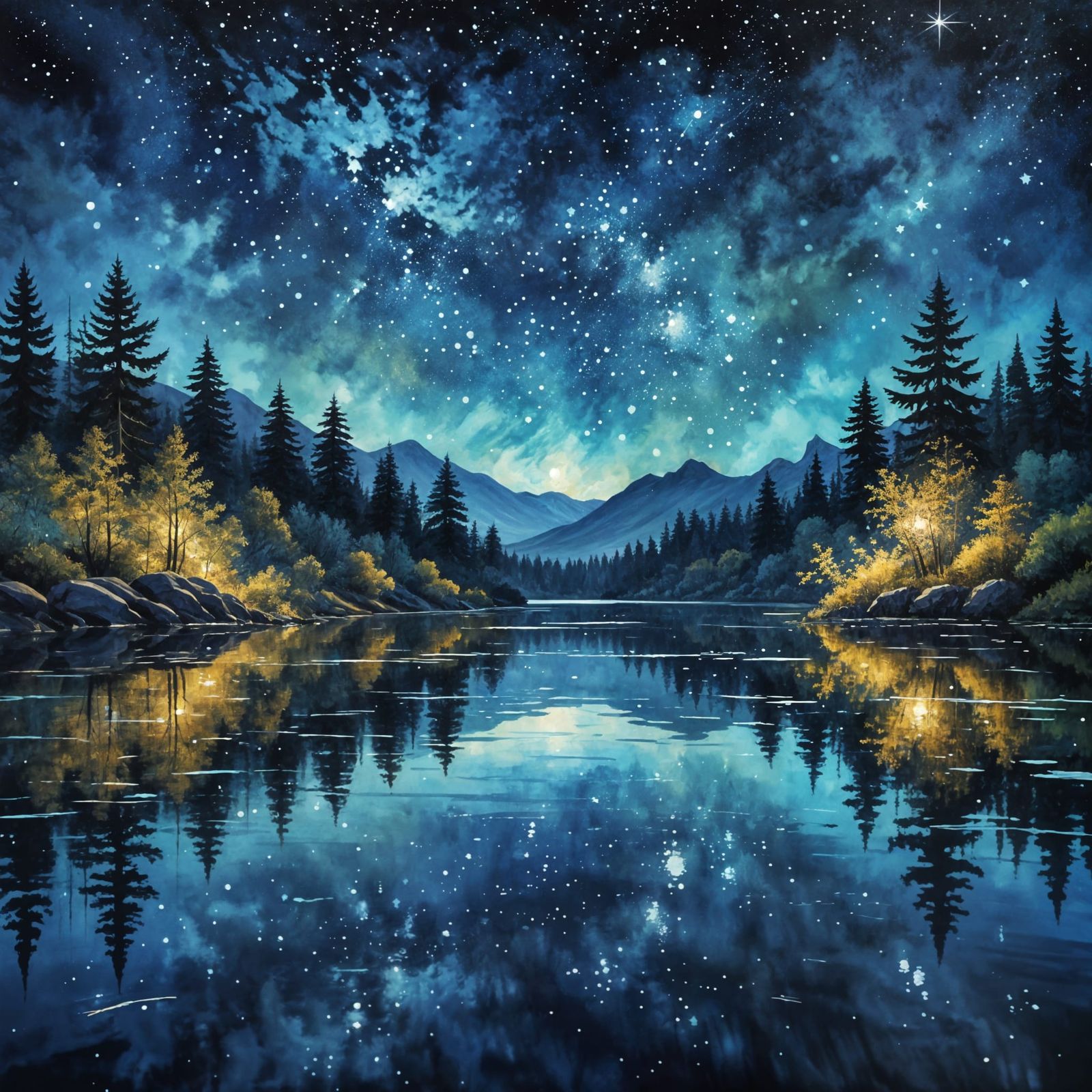 Serene Lake Reflecting Starry Night Sky in Gouache Style