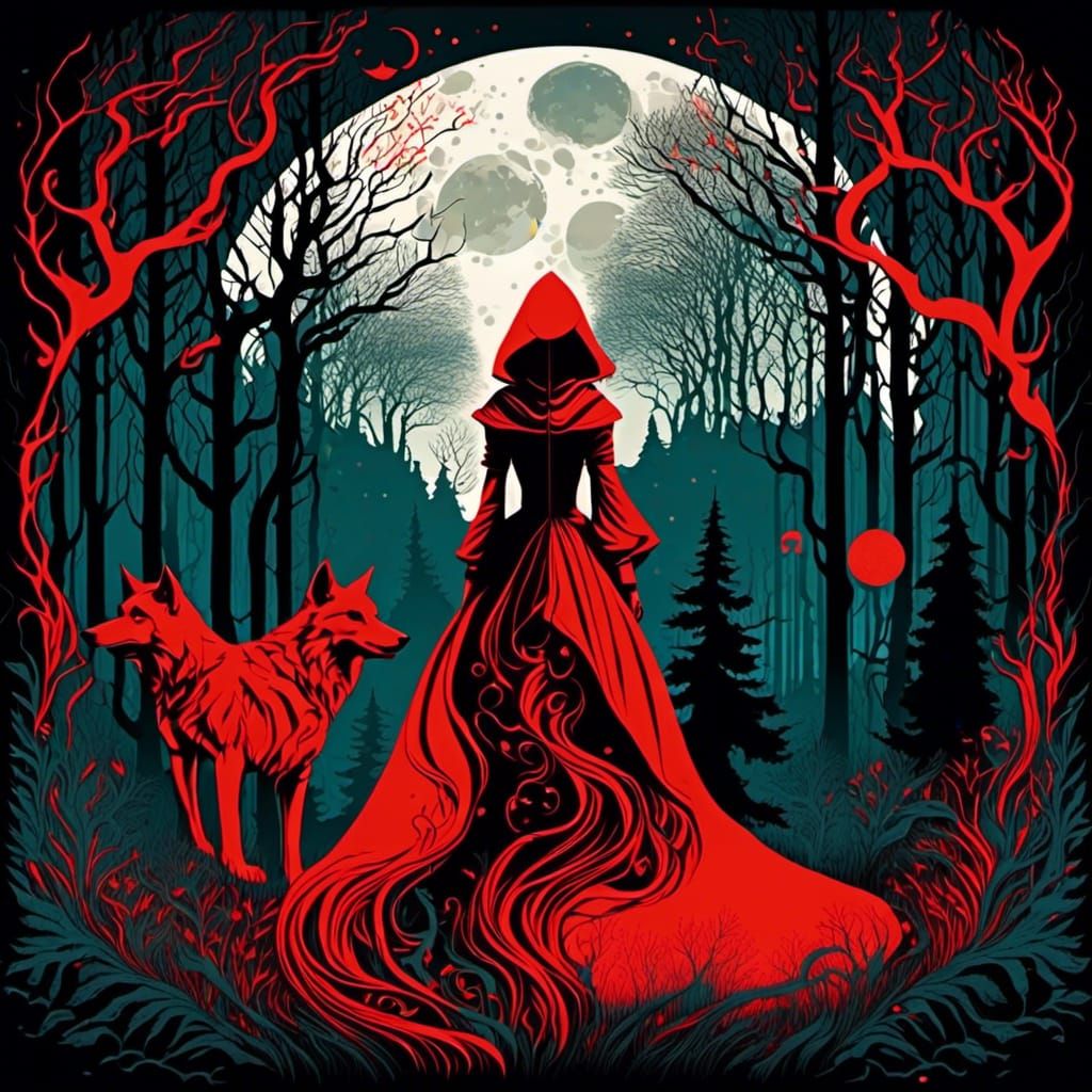 Giant Red Moon over Ancient Forest in Storybook Style