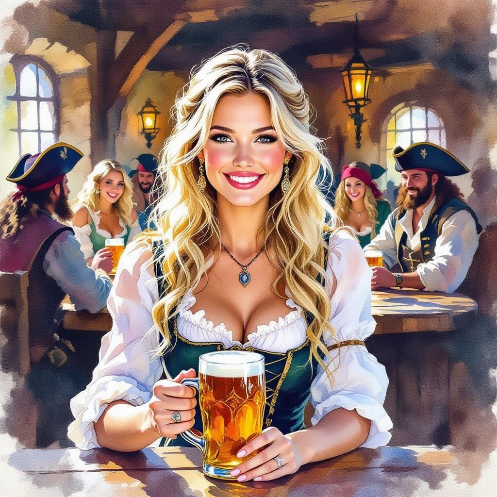 Barmaid in 17th Century Tavern Impressionism Watercolor