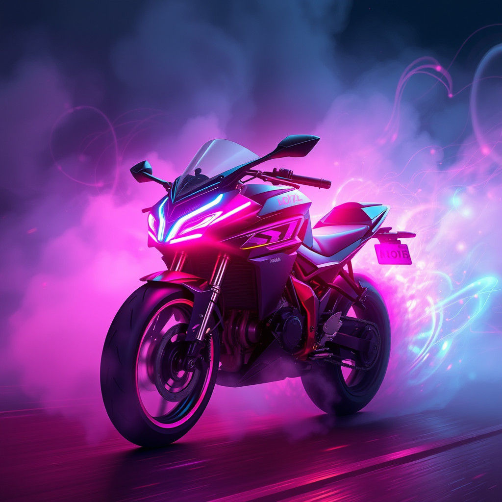 Neon Motorbike Speeds Through Mystical Iridescent Mist