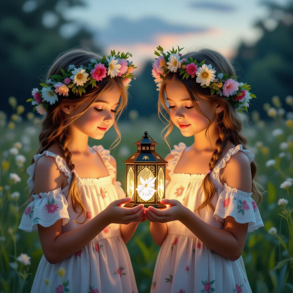 Sisters with Fairy Lantern in Meadow at Dusk