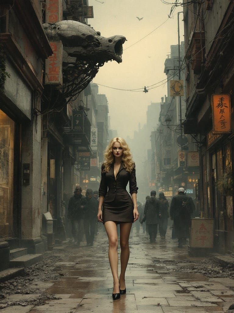 Surreal Pin-Up in Cityscape: Magritte and Beksinski Fusion