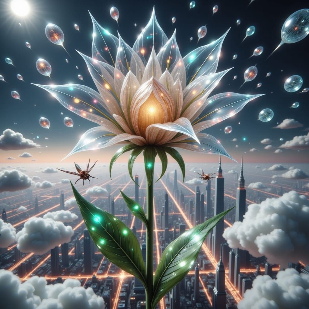 Crystalline Tulip Above Futuristic Cityscape