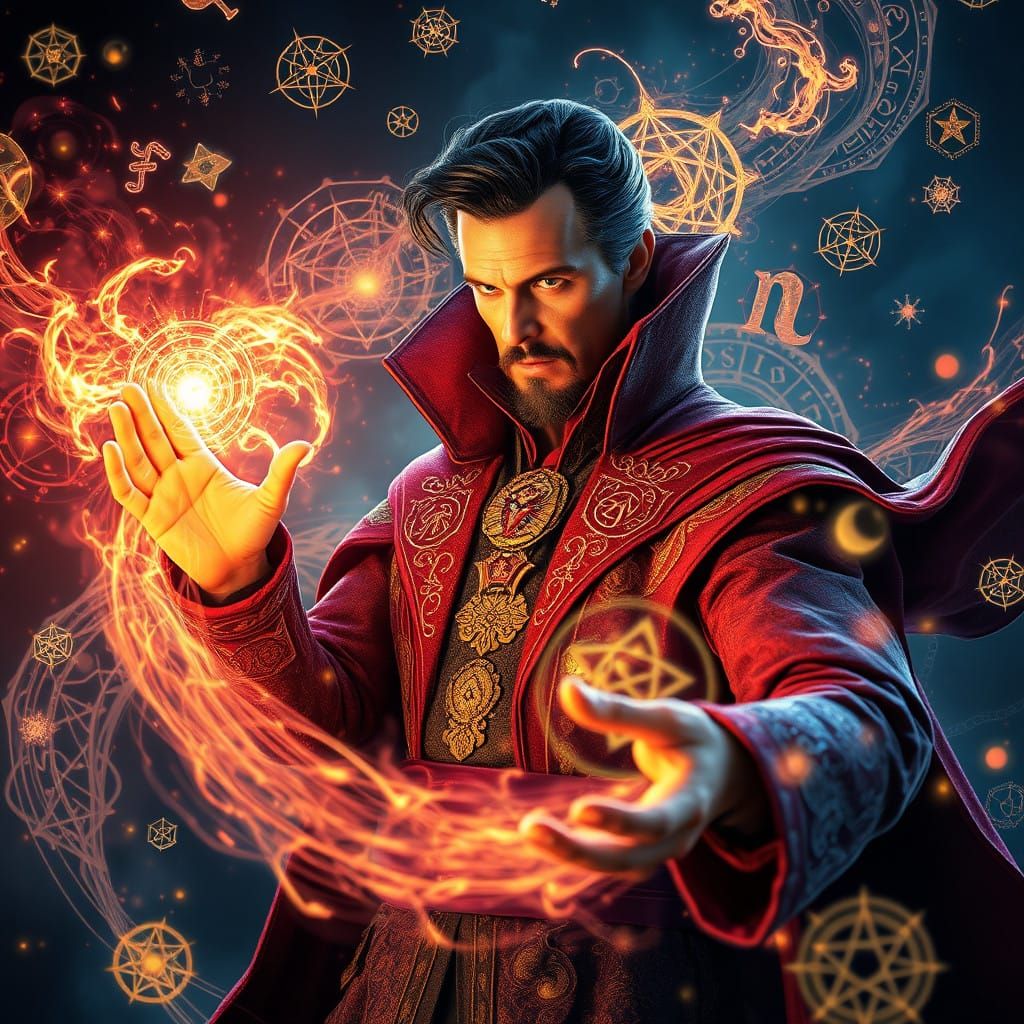 Ethereal Sorcerer in Baroque Attire Unleashes Cosmic Magic