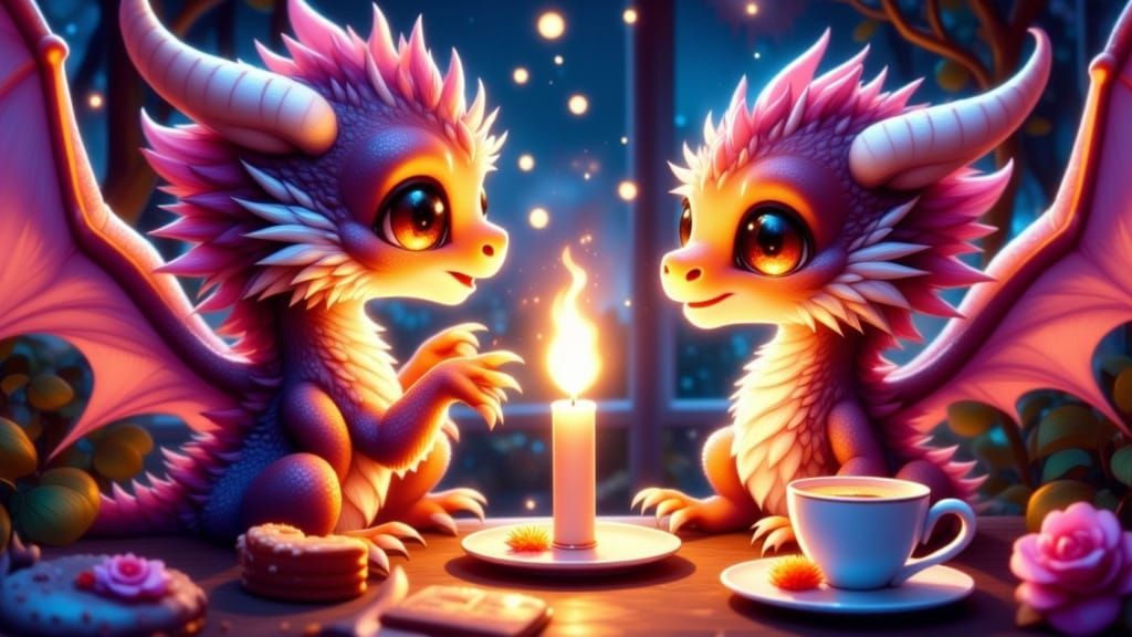 Cute Dragons Enjoy Coffee and Cakes in Cafe