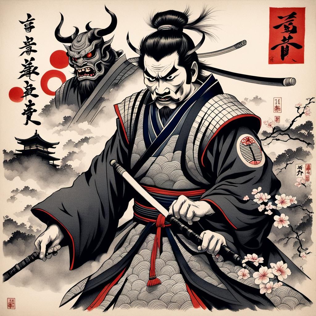 Samurai and Oni Demon in Japanese Ink Art