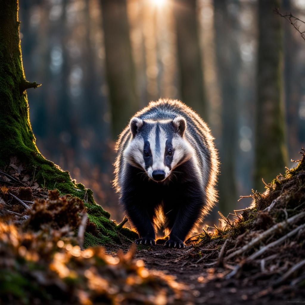 Badger in Morning Sun: Hyperrealistic Forest Scene
