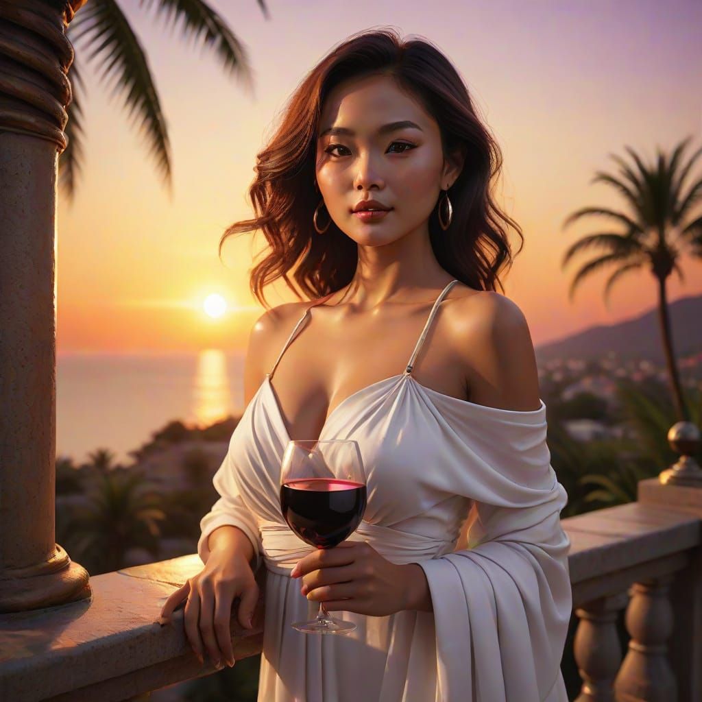 Cinematic Sunset Portrait of Woman with Wine
