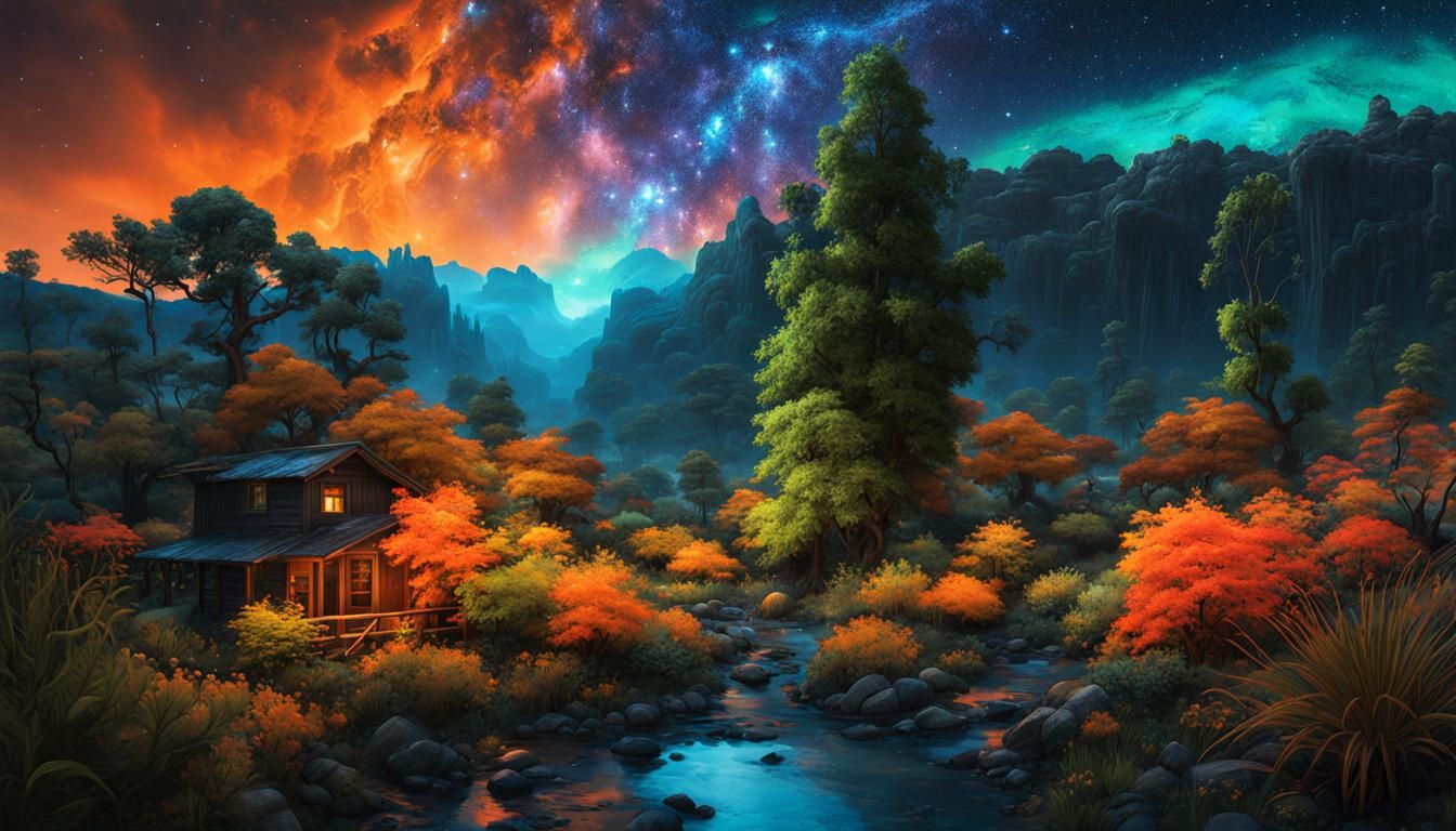 Bioluminescent Garden Under Cosmic Sky: Psychedelic Art