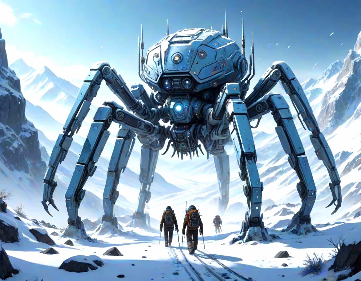 Giant Cybernetic Spider Traverses Frosty Mountainscape