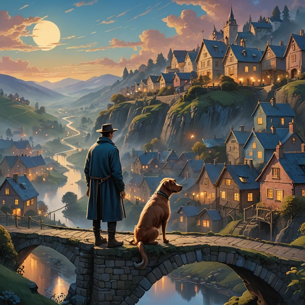 Man and Dog Overlook Valley, Leonid Afremov Style