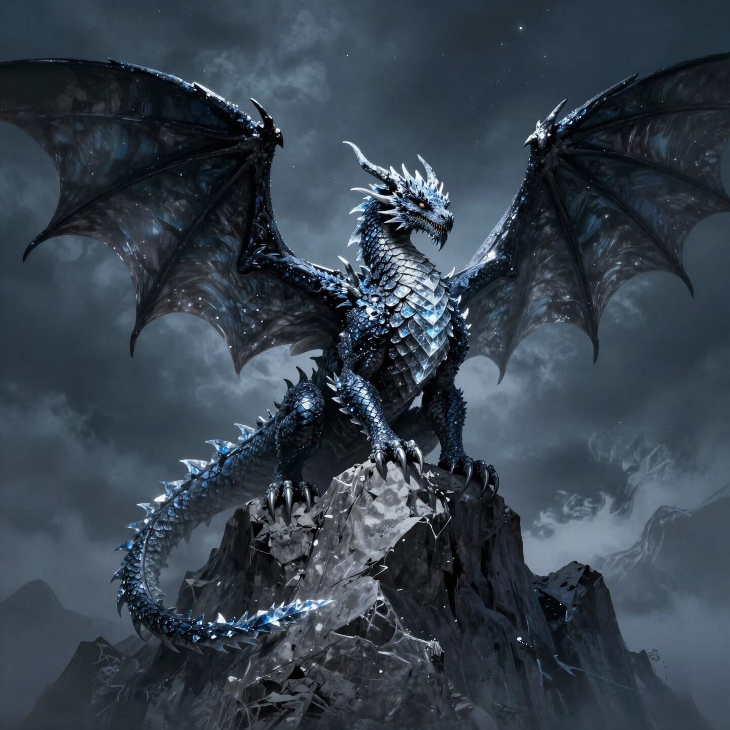 Obsidian Dragon on Mountain Peak in Stormy Sky