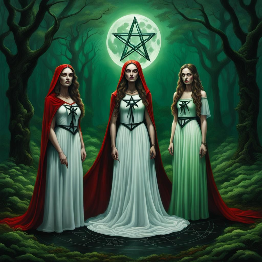 Wicca Trinity Goddess in a Forest Pentagram