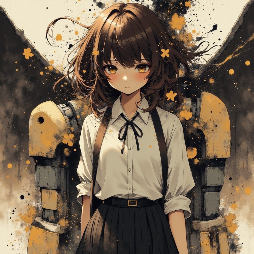 80s Anime Bio-Mecha Girl With Gatling Guns and Wings