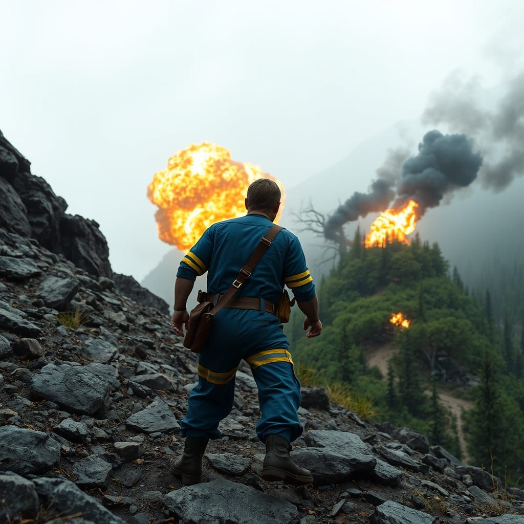 Vault Dweller in Post-Apocalyptic Landscape, Gritty and Expl...