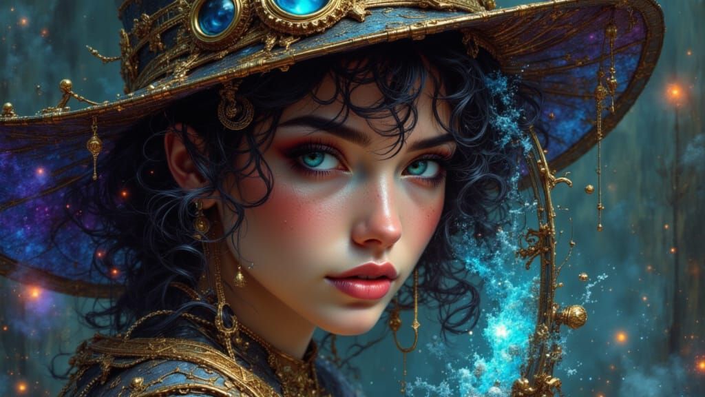 Woman Opens Door to Fantasy Realm in Art Nouveau Style