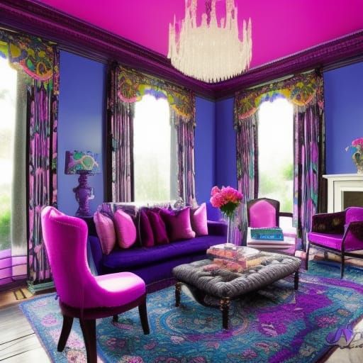 ombre fluorescent purple with magenta pink penthouse, cobalt blue accents, Cobalt blue frames, pearlescent purple ceilin...