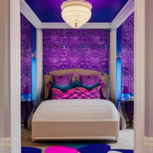 ombre fluorescent purple with magenta pink penthouse, cobalt blue accents, Cobalt blue frames, pearlescent purple ceilin...