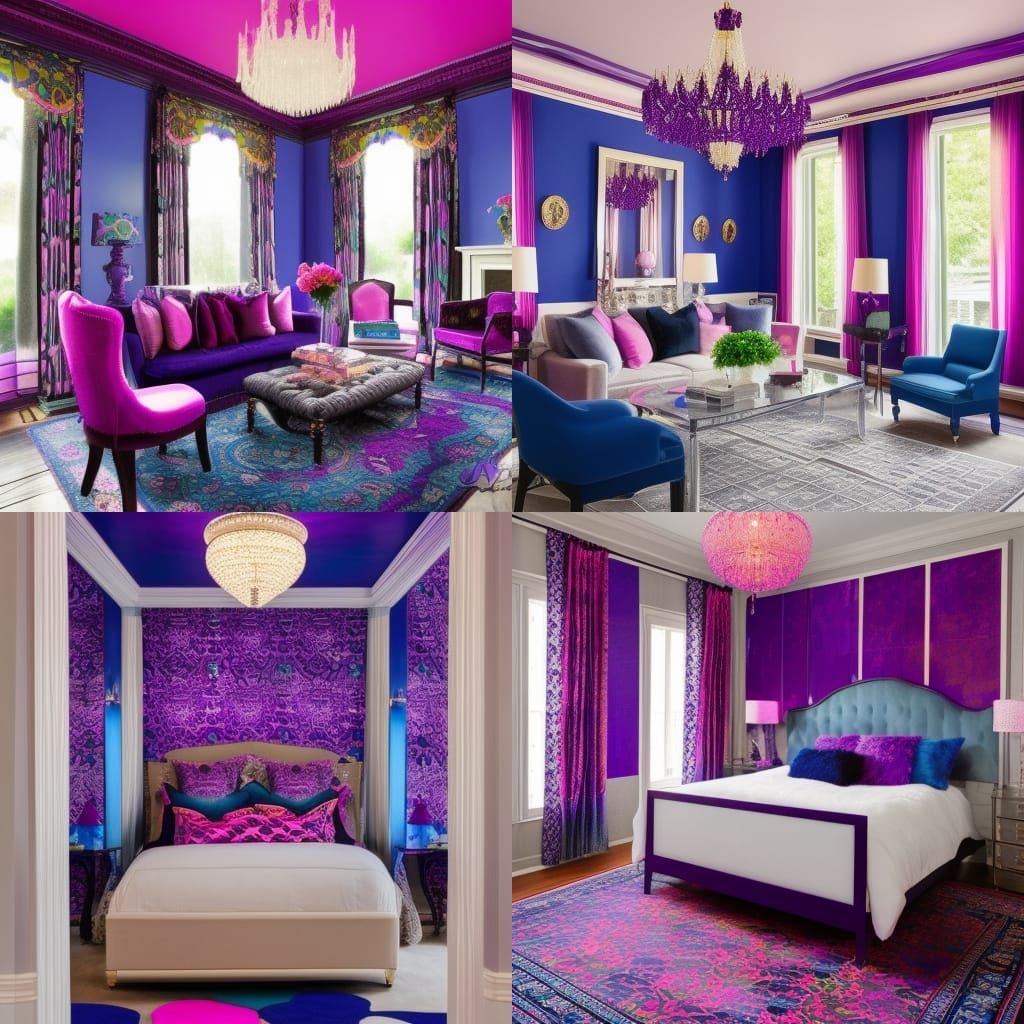 ombre fluorescent purple with magenta pink penthouse, cobalt blue accents, Cobalt blue frames, pearlescent purple ceilin...