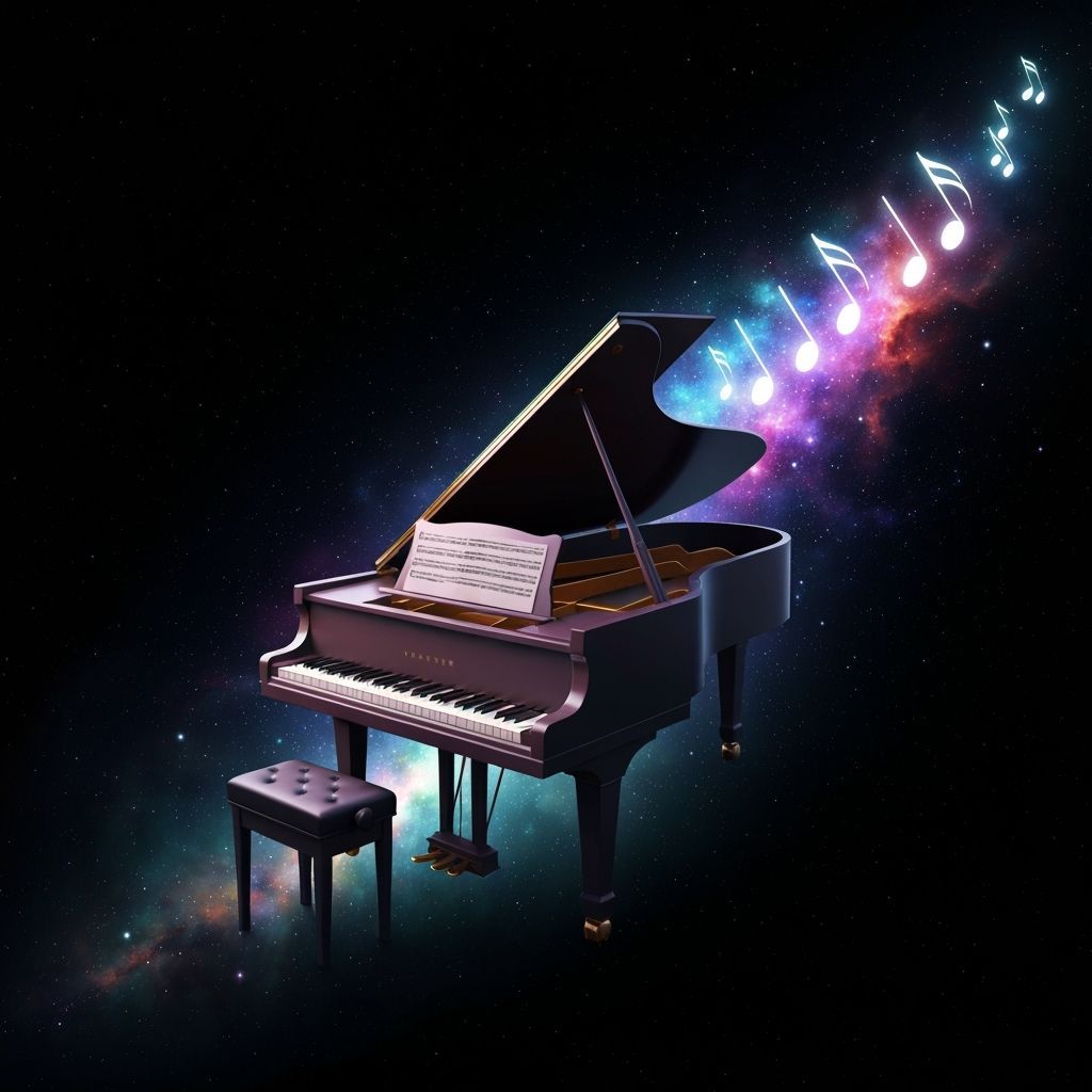 Grand Piano in Space Emitting Starlight Notes