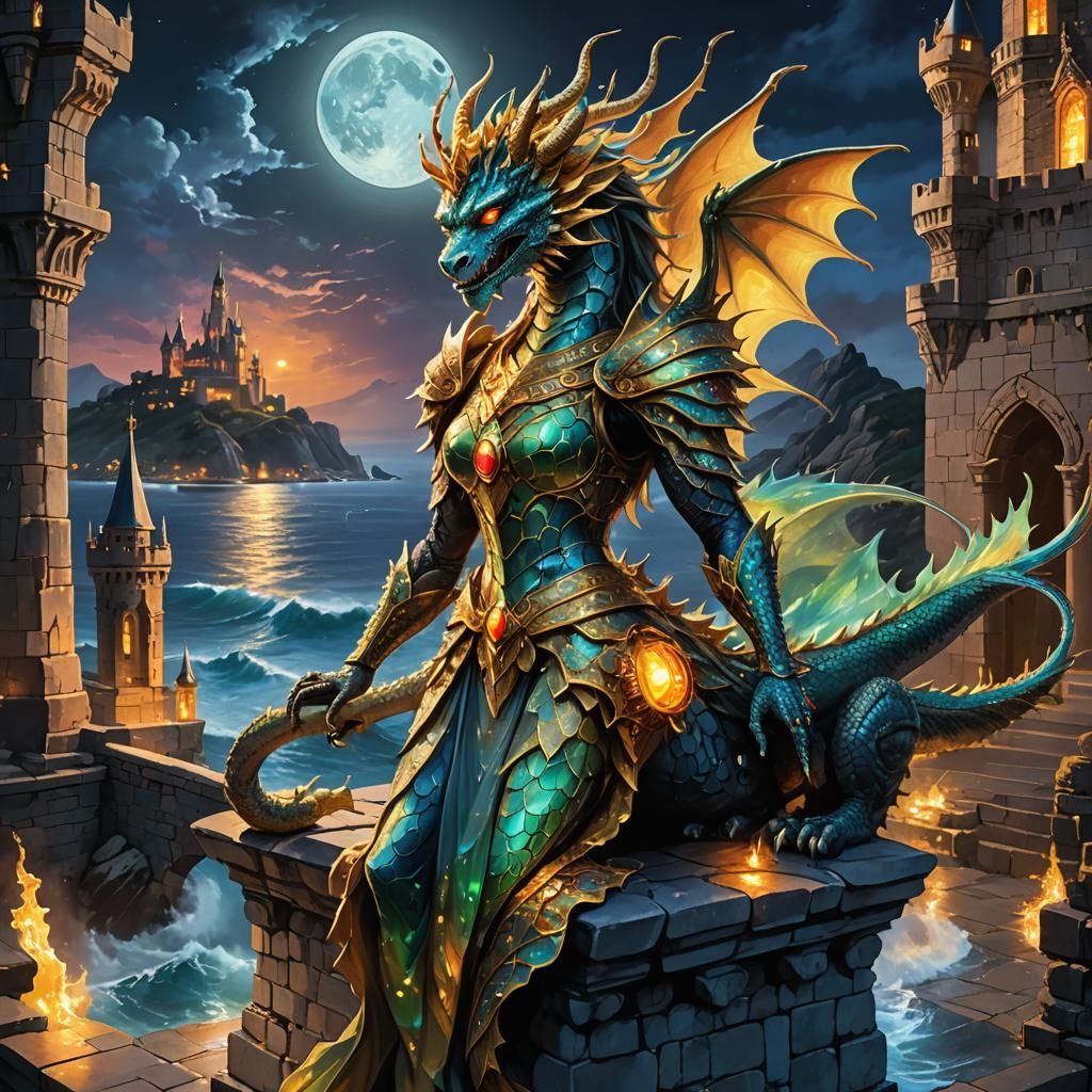 Queen and Dragon at Moonlit Castle, Gothic Fantasy