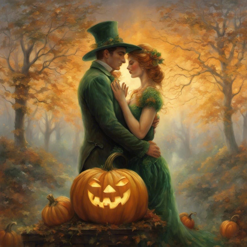 Pumpkin Head Couple in Ethereal Embrace