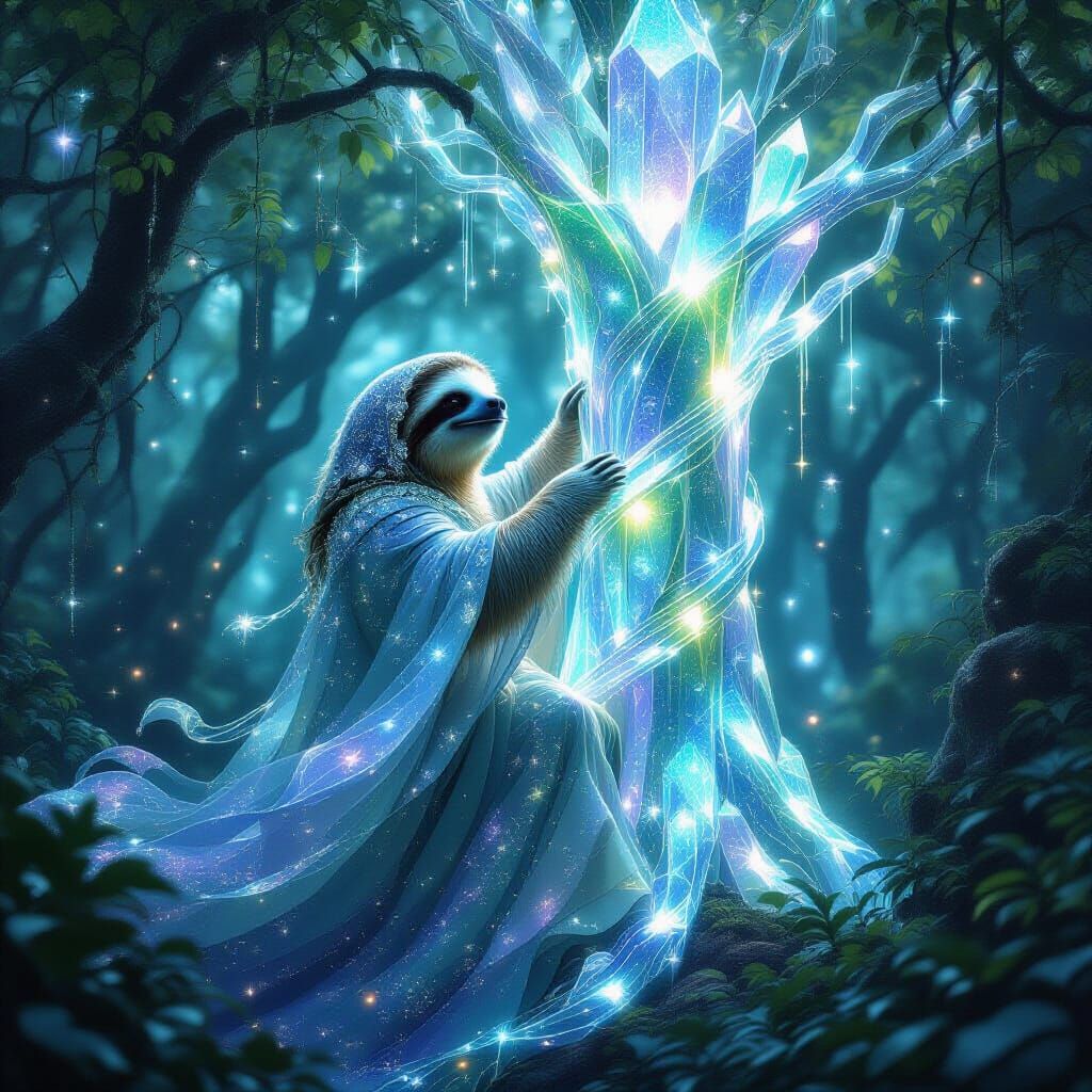 Bioluminescent Sloth Ascending Crystal Tree in Dream Forest