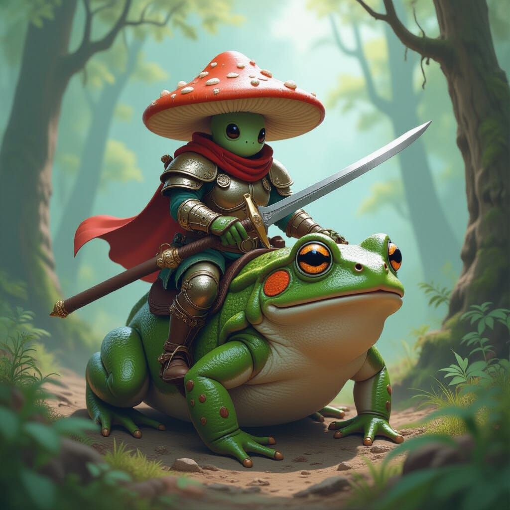 Mushroom Warrior Rides Frog in Mystical Forest