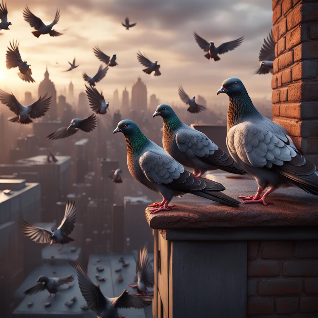 Pigeons on Rooftop in Detailed Matte Painting Style
