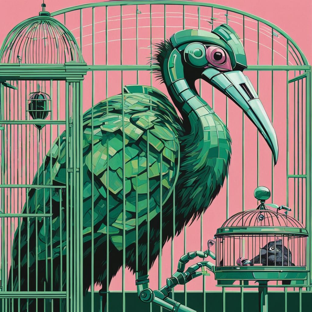 Art Deco Robot Observes Cassowary in Cage