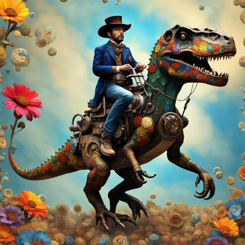 Steampunk Cowboy Rides T-Rex in Banksy Style