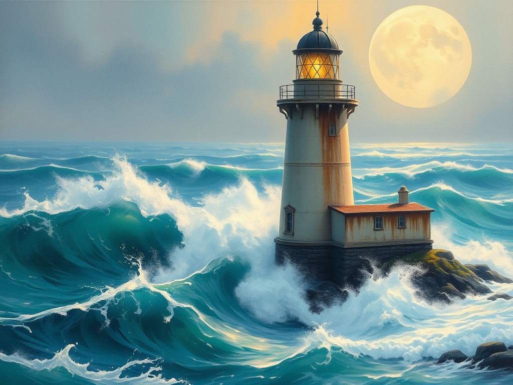 Majestic Lighthouse at Night in Impressionist Style