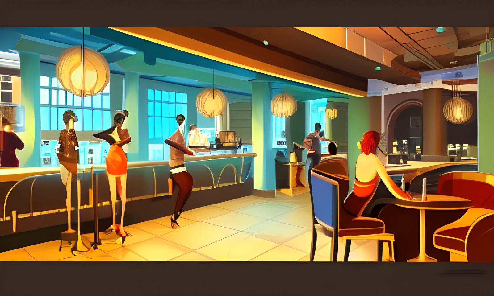 Vibrant Vector Cafe Lobby in Detailed Matte Painting