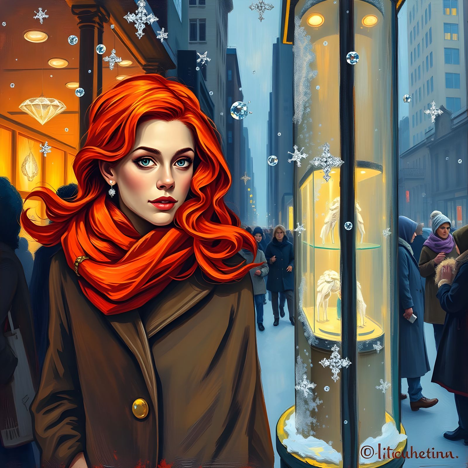 Winter Evening in Manhattan, Neo-Impressionist Oil Painting