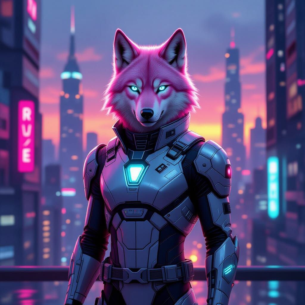 Anthropomorphic Pink Wolf in Cyberpunk City