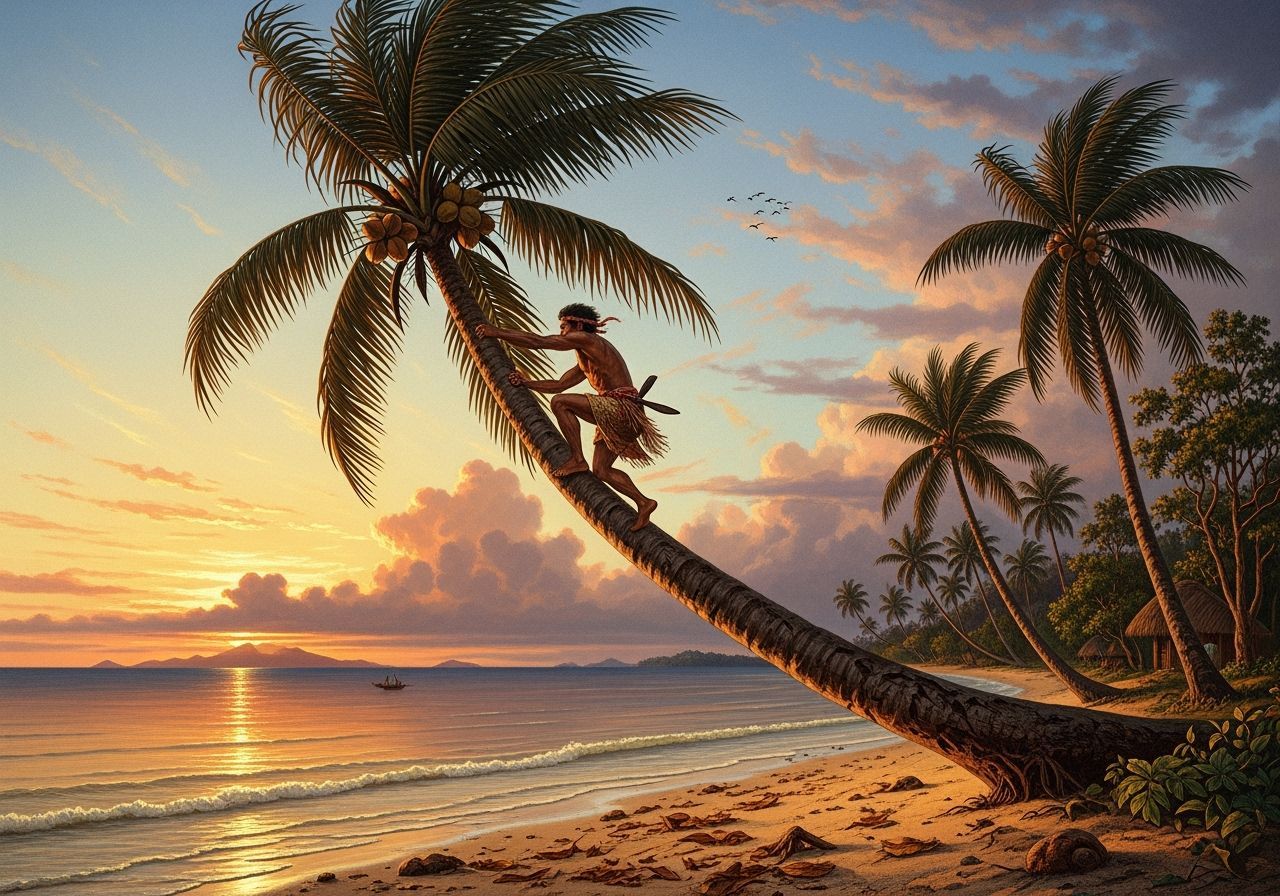 Pacific Islander Climbing Coconut Tree at Sunset