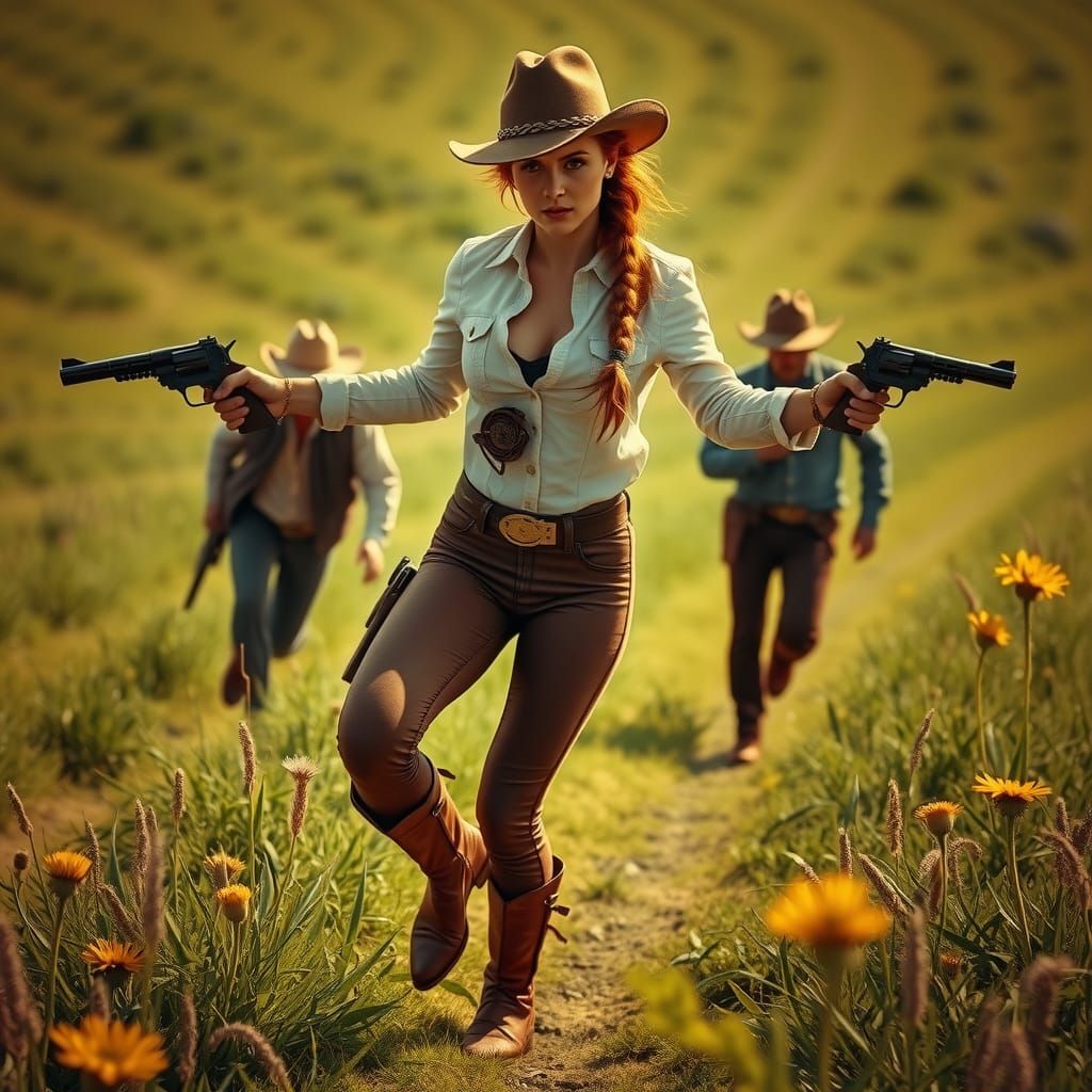 Fierce Cowgirl Duel in a Golden Western Landscape