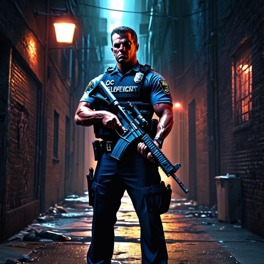 Hyper-Realistic Muscle Cop in Dark Alleyway