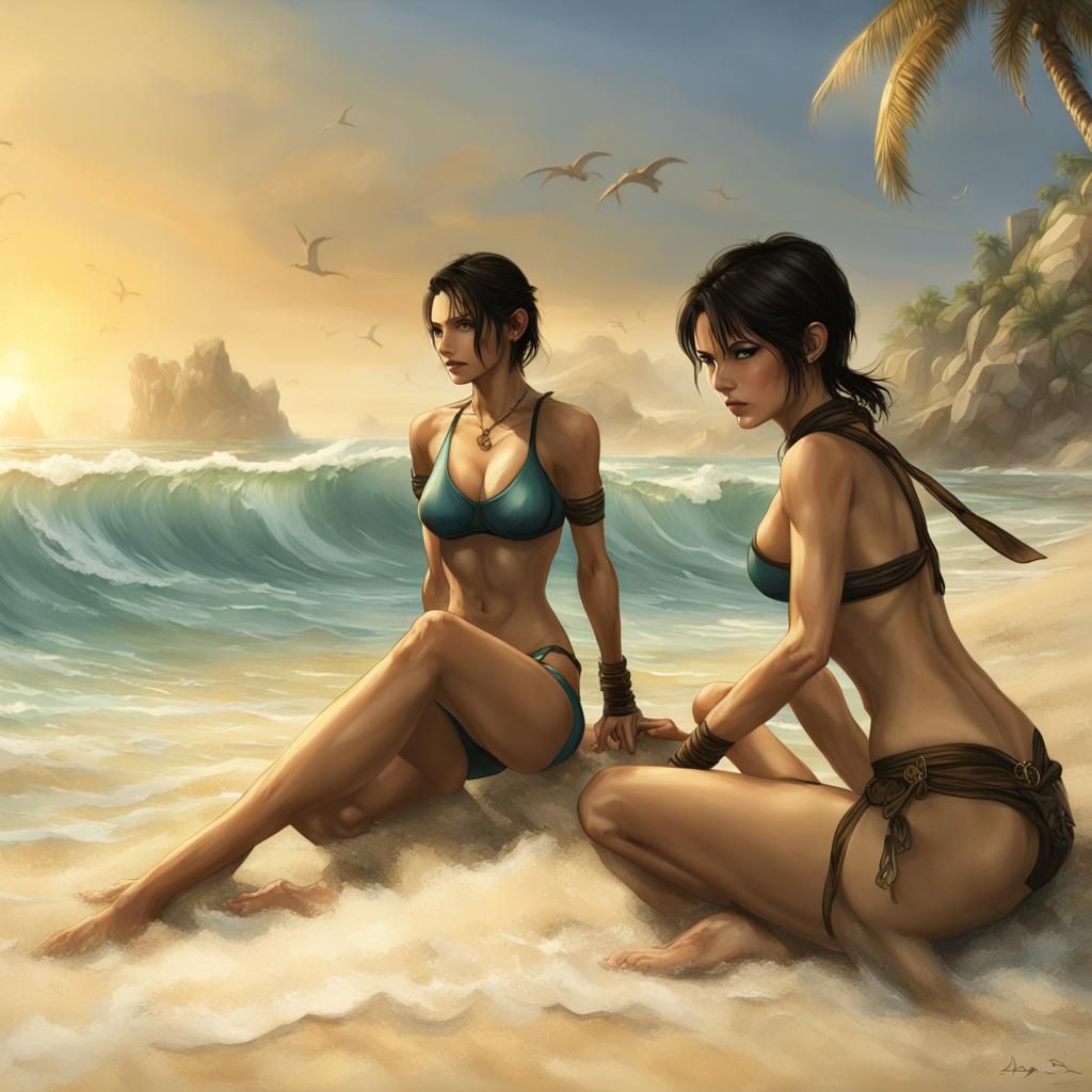 Lara Croft and Ada Wong on Sun-Kissed Beach