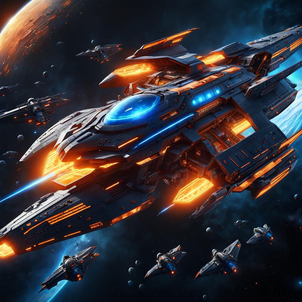 Seed Starship Protected by Fighters: Dark Fantasy Concept Ar...