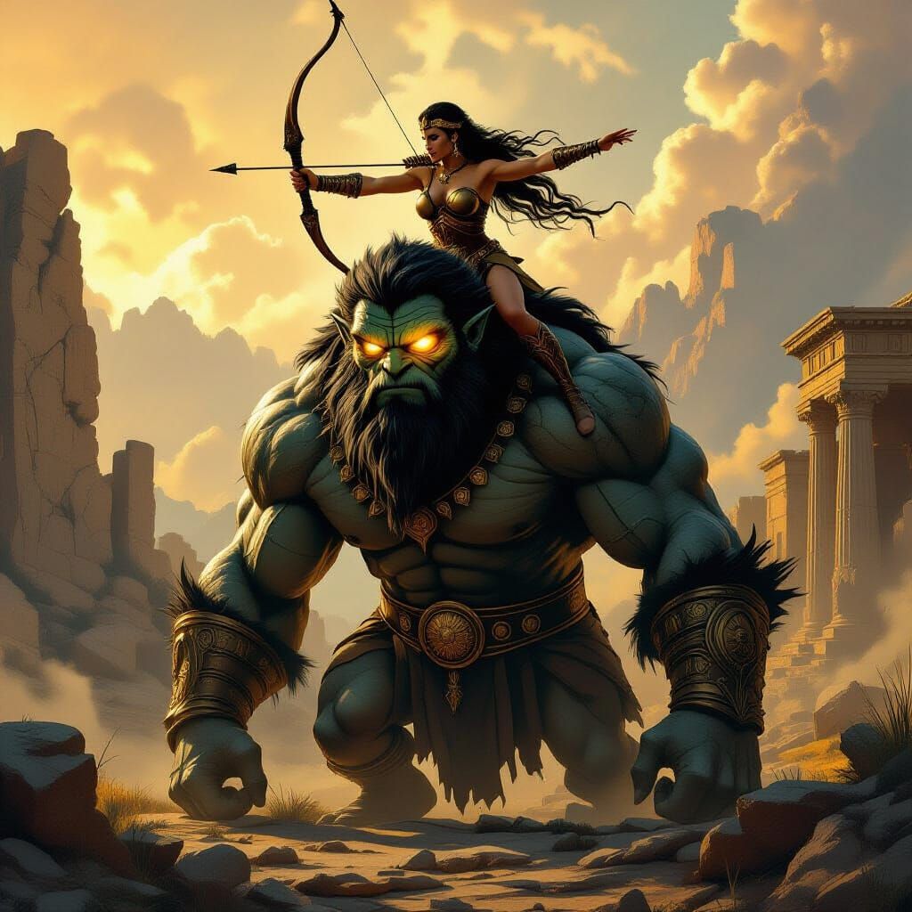 Cyclops with Amazon Warrior in Epic Fantasy Landscape