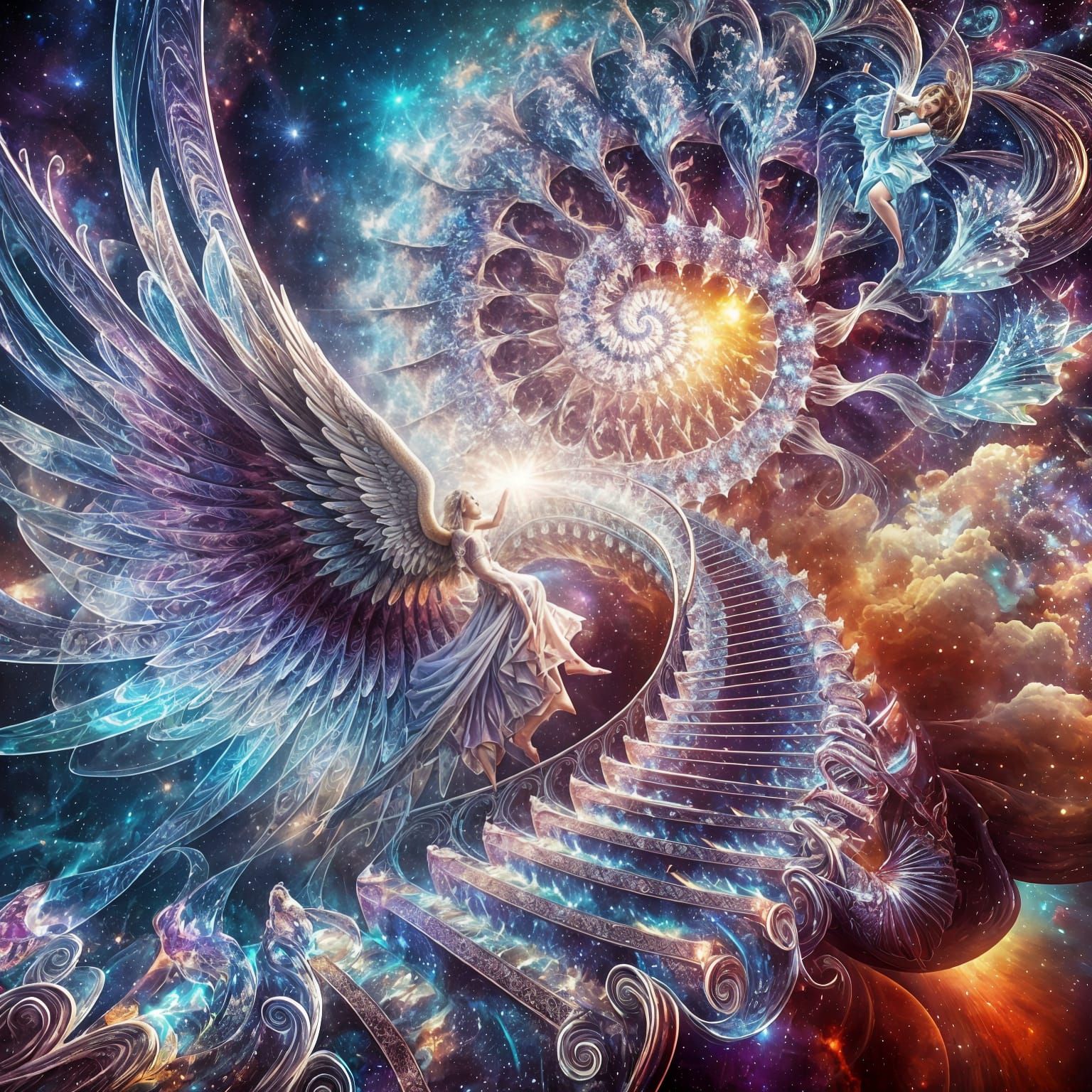 Celestial Angel Ascends Iridescent Staircase in Dreamscape