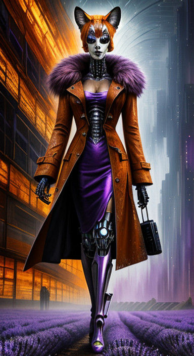 Cyberpunk Fox in Lavender Trenchcoat, with Glimmering Cyberw...