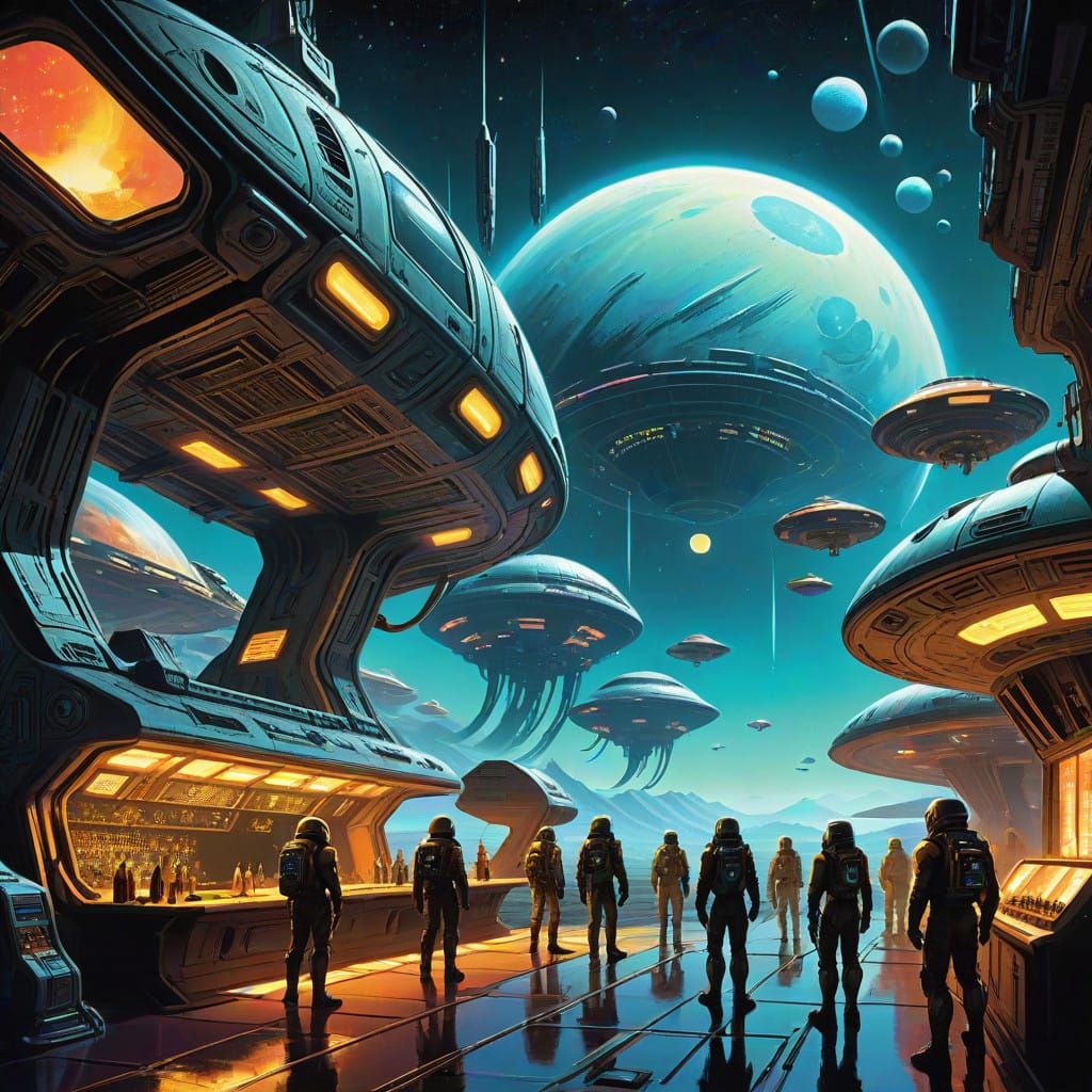 Galactic Fringe Spaceport Under Starry Night Sky