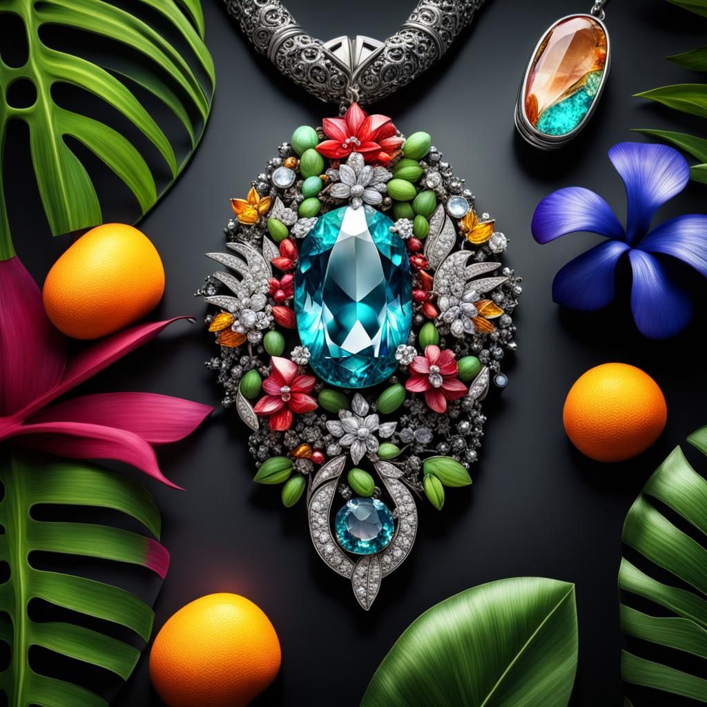 Tropical Jewelry with Gems in Hyperrealistic Style
