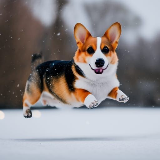 Corgi's Joyful Leap in Snowy Wonderland