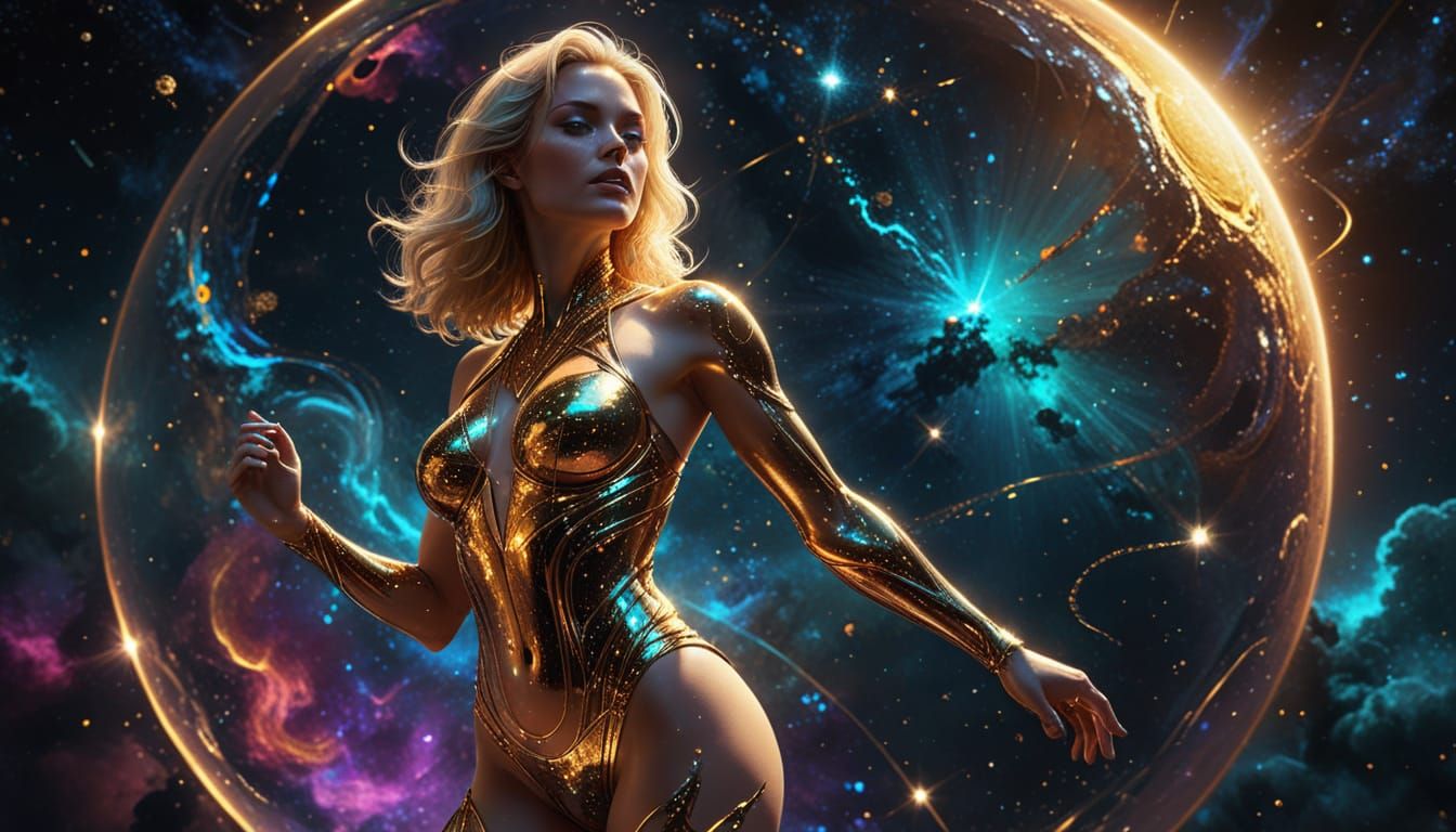 Ethereal Sci-Fi Goddess in Shimmering Gold Bikini